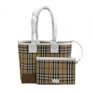 Burberry London Tote Bag Canvas Leather Check Pattern Beige White